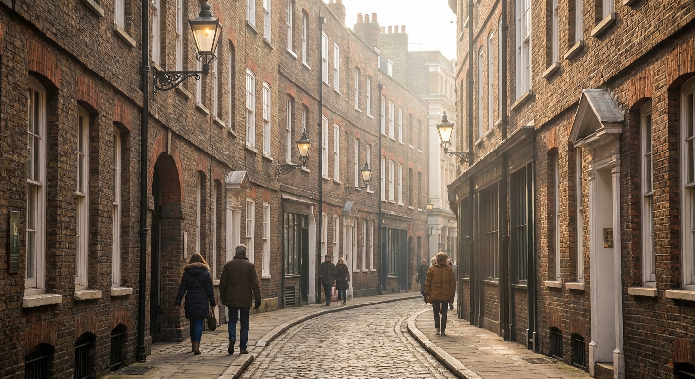 Historic London lane with brick buildings